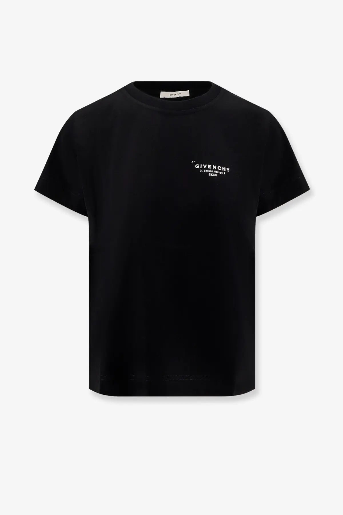 Givenchy women’s black cotton t-shirt with a minimalist white logo on the left chest front side