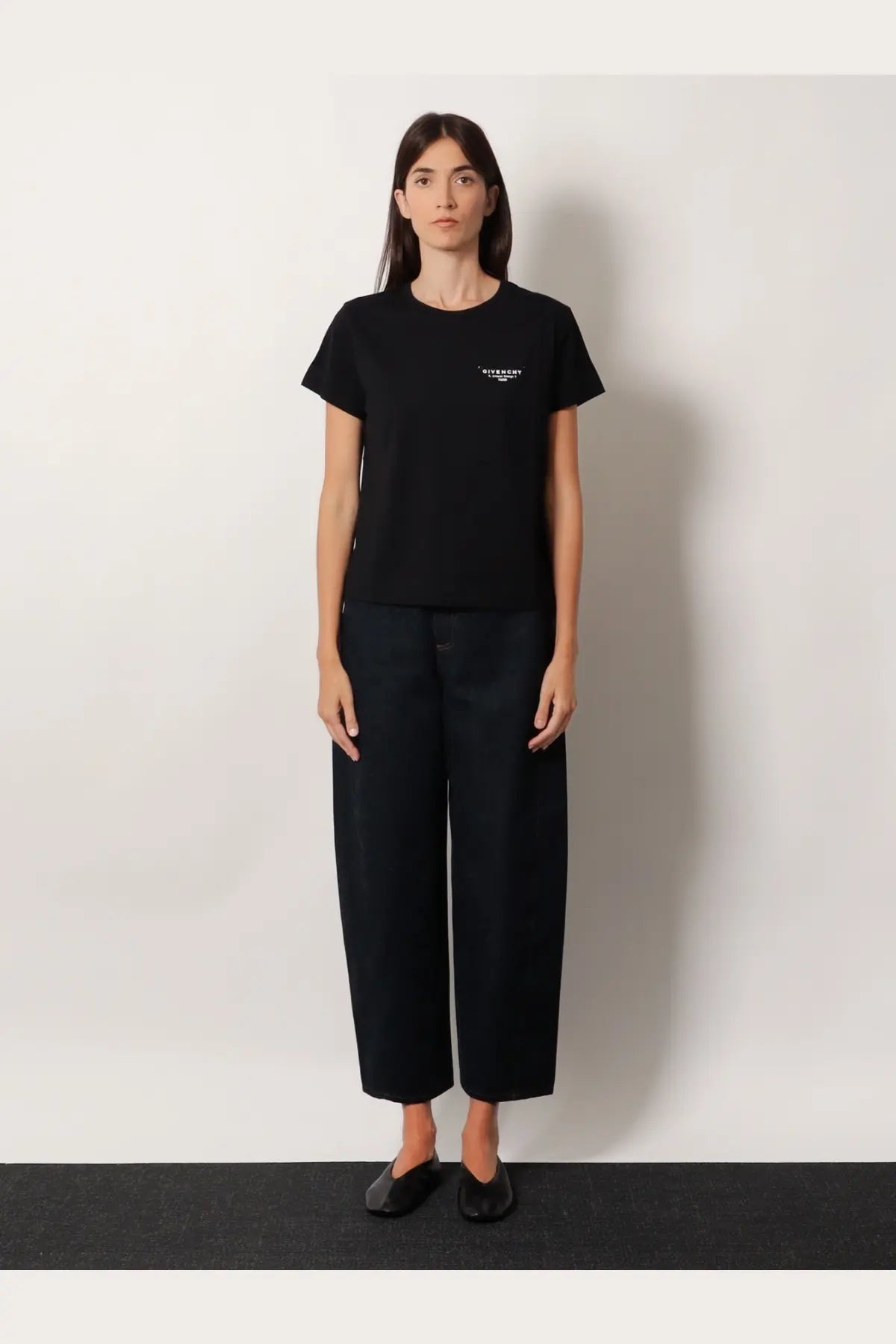 Givenchy women’s black cotton t-shirt with a small white logo on the left chest for casual wear