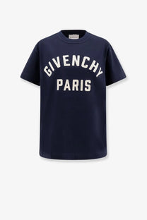 Givenchy women’s cotton t shirt in navy blue with bold white arched lettering across the chest