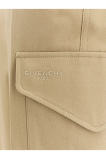 Beige givenchy paris canvas pocket with subtle embossed branding on women’s cotton and wool cargo trousers