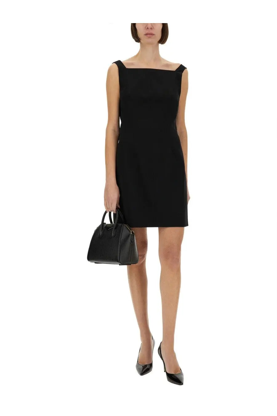 Black leather handbag with structured shape and top handles for givenchy women’s crepe and satin dress black product