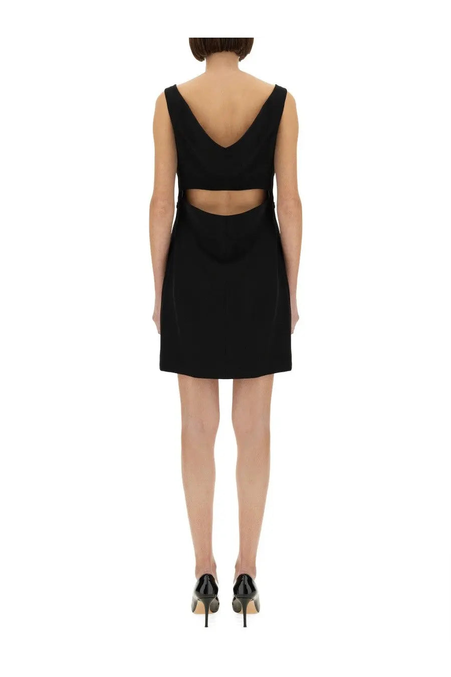 Givenchy women’s black crepe and satin sleeveless mini dress with deep v-back and side cutouts shown from back side