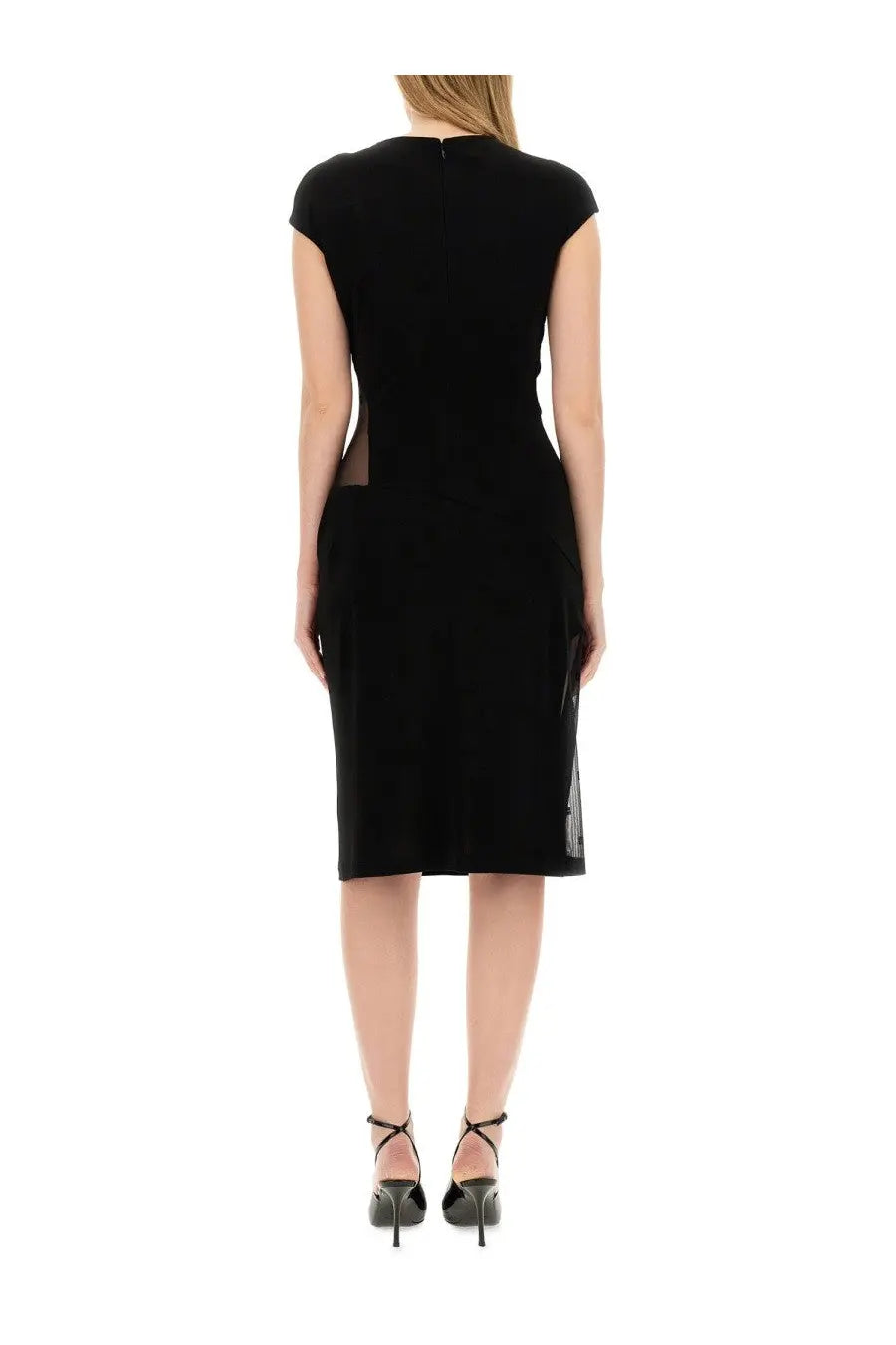 Givenchy women’s black crepe and tulle fitted midi dress with sheer side panels
