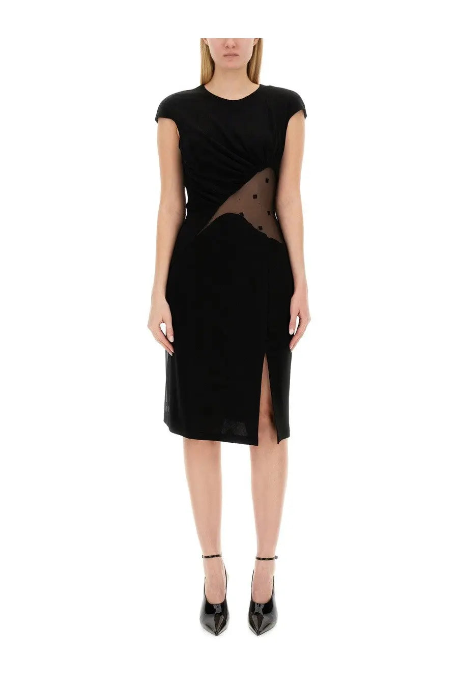 Givenchy women’s black crepe and tulle midi dress with sheer black polka dot panel and front slit