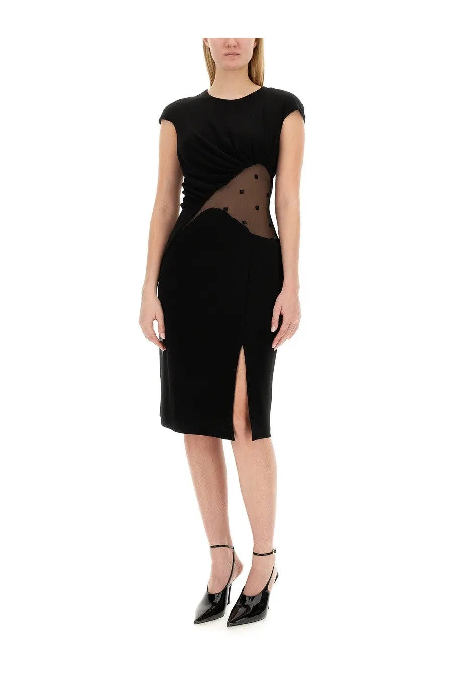 Givenchy women’s black velvet midi dress with sheer polka-dot tulle panel and side slit made of crepe and tulle