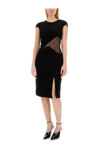 Givenchy women’s black velvet midi dress with sheer polka-dot tulle panel and side slit made of crepe and tulle