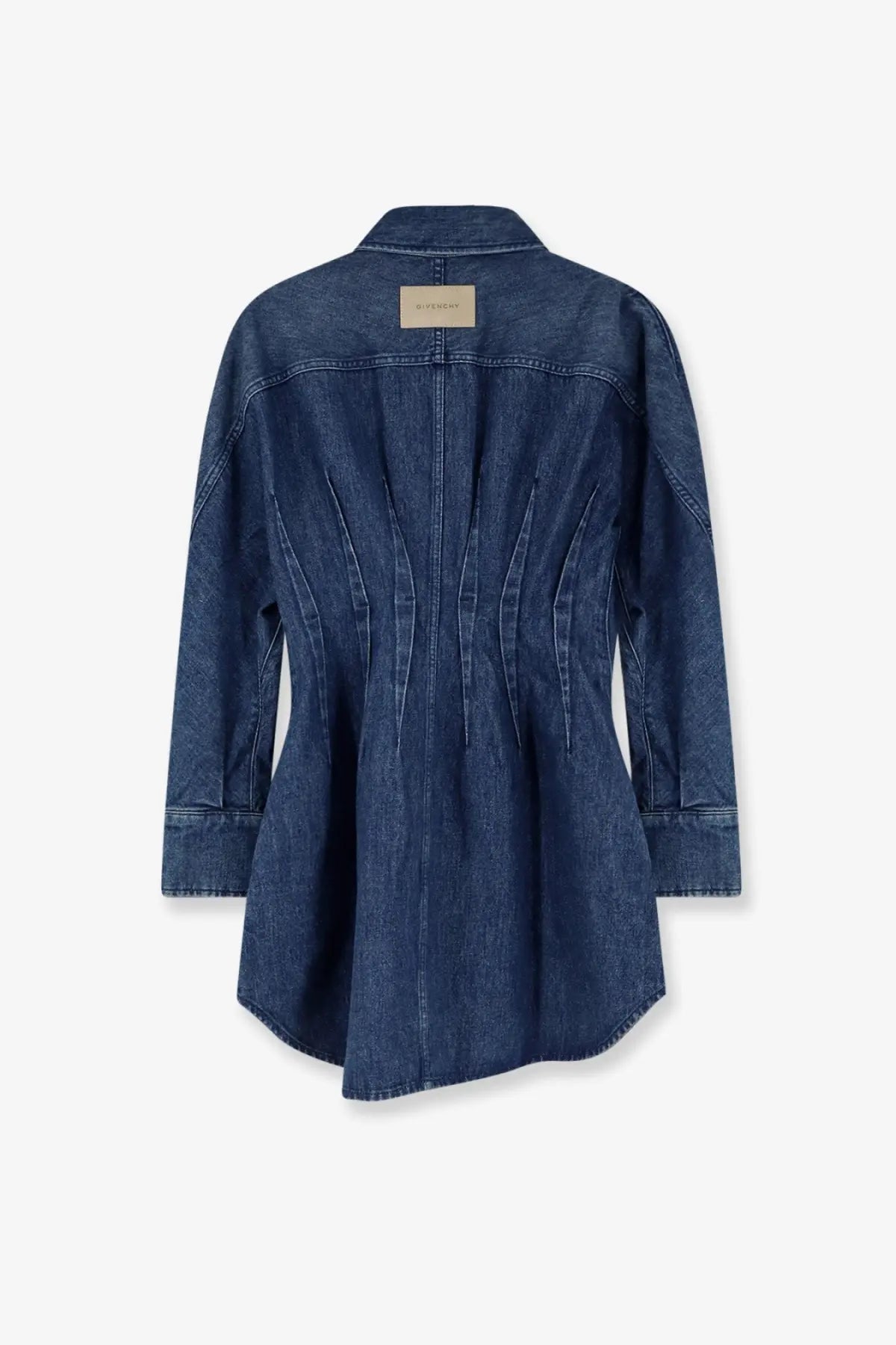 Dark blue denim shirt dress by Givenchy for women shown from the back with a structured collar and vertical stitching