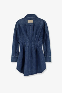 Dark blue denim shirt dress by Givenchy for women shown from the back with a structured collar and vertical stitching