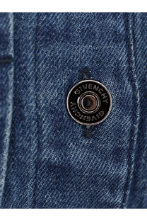 Silver givenchy button detail on blue denim fabric of women’s denim chemisier dress