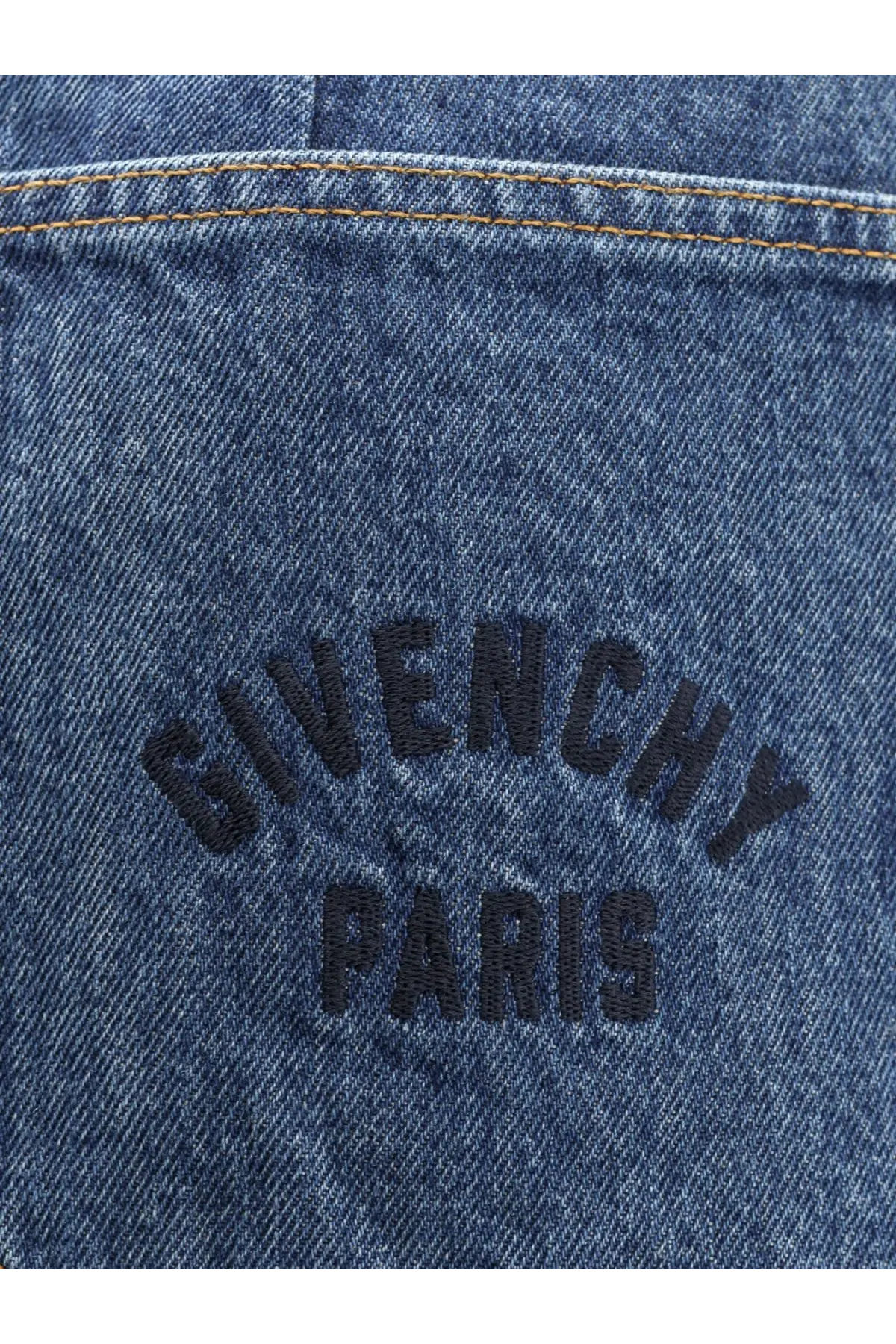 Dark blue denim mini skirt with givenchy paris embroidered in black thread for women