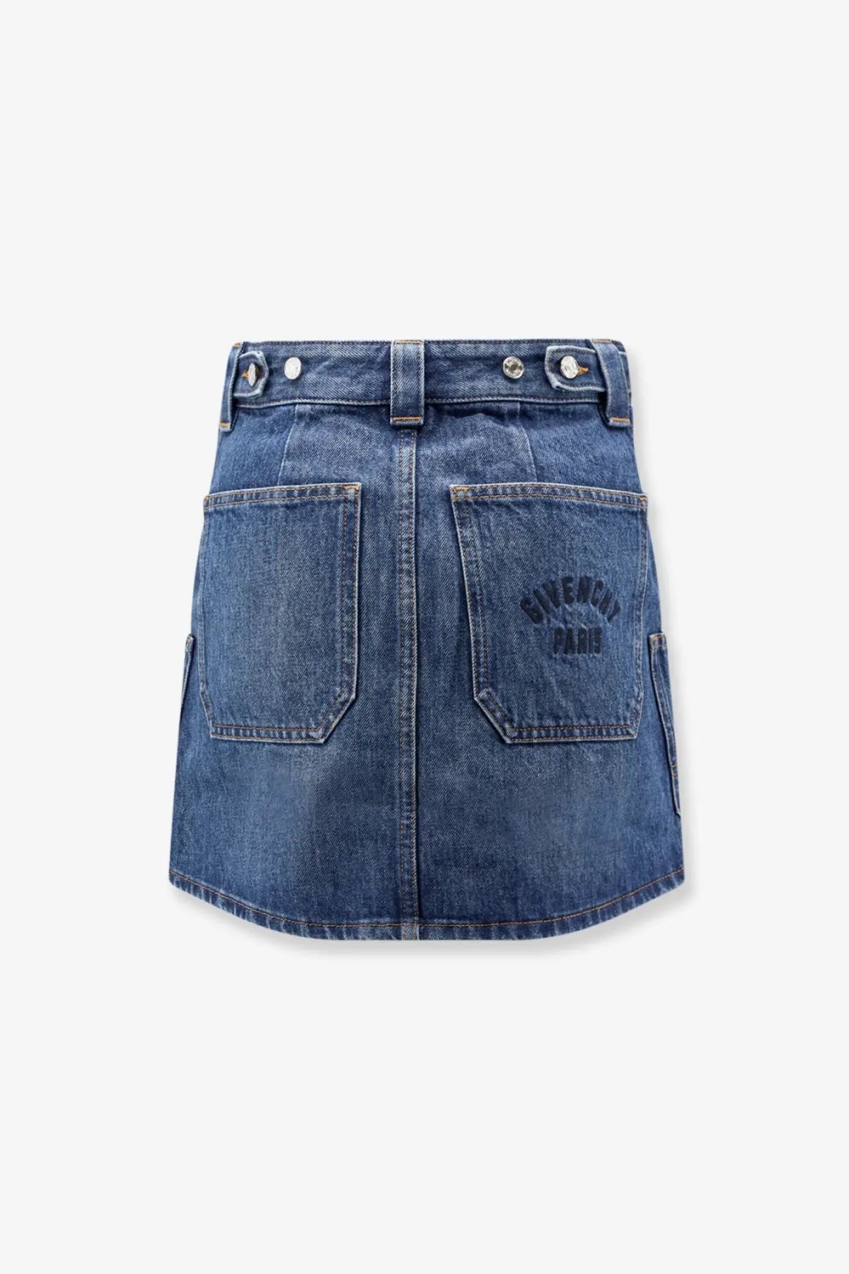 Back view of givenchy women’s blue denim mini skirt with two pockets and dark embroidered givenchy paris logo