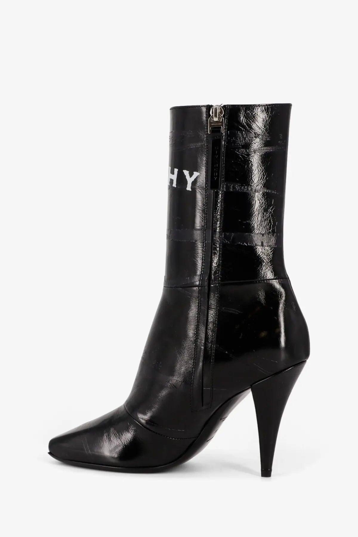 Givenchy women’s black patent leather ankle boot with high stiletto heel and white Givenchy logo on the side