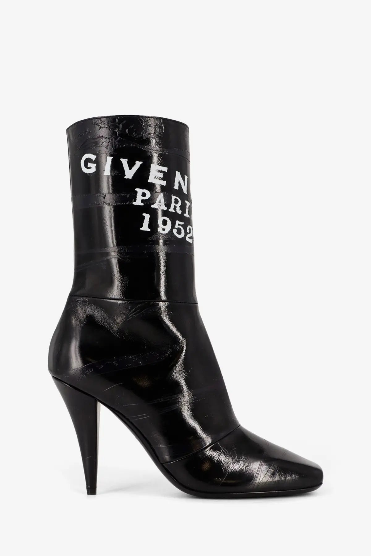 Givenchy women’s black leather ankle boot with high stiletto heel and white givenchy paris 1952 lettering on shaft