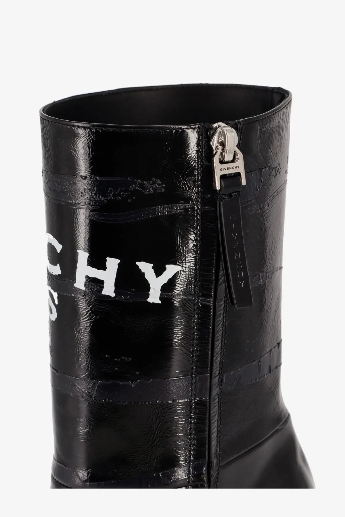 Black patent leather ankle boot with white Givenchy lettering and silver zipper pull for women