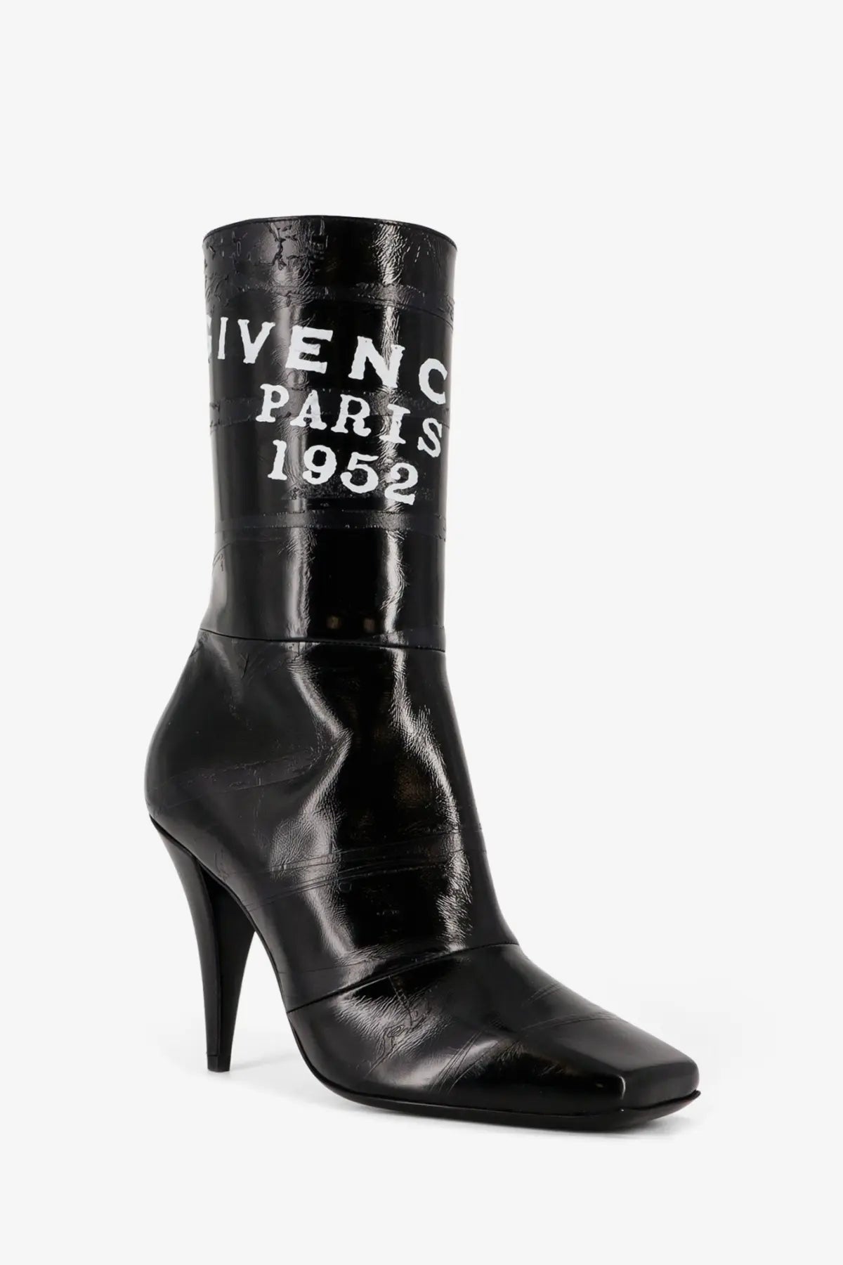 Givenchy women’s black patent leather ankle boot with high stiletto heel and white givenchy paris 1952 lettering on shaft