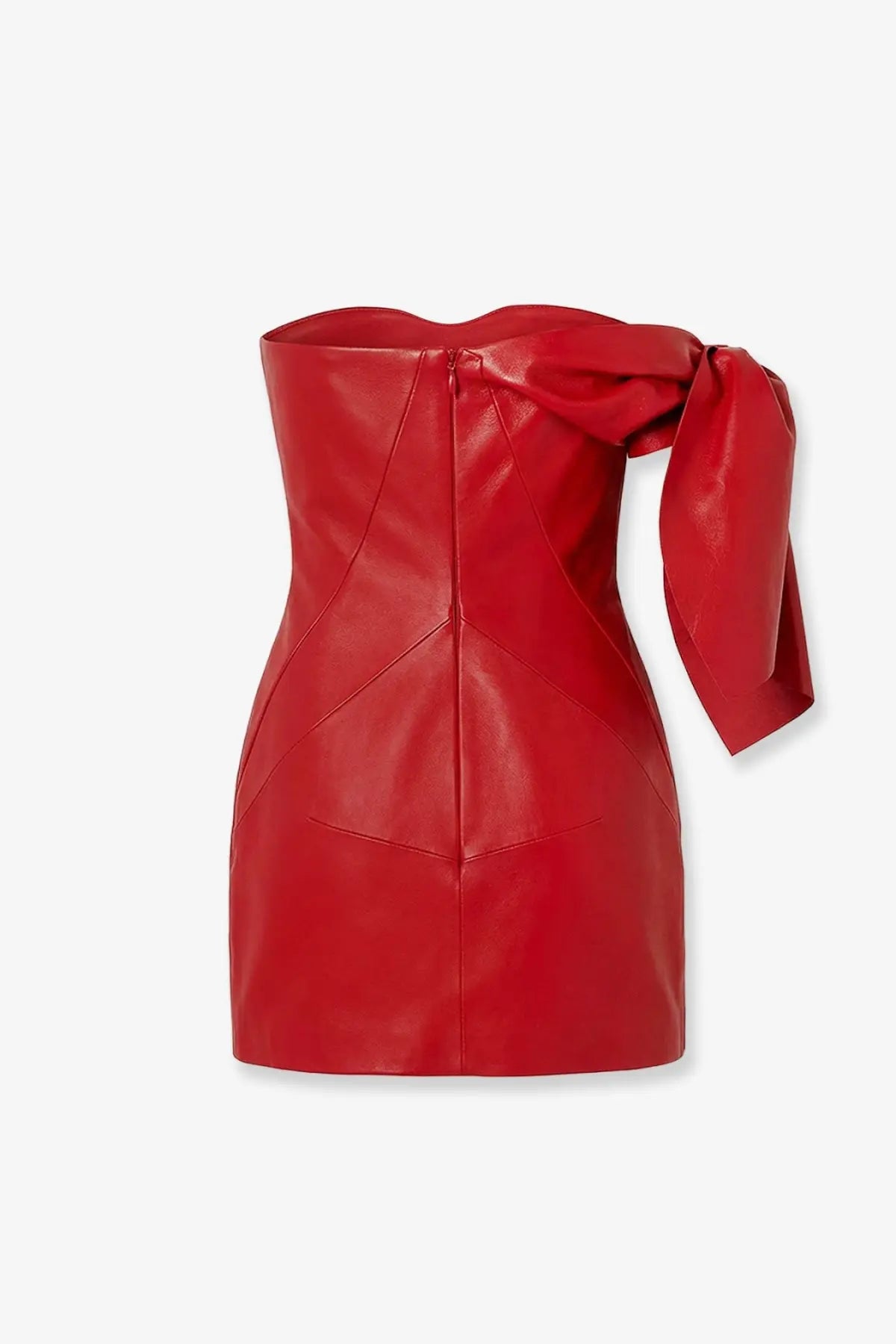 Givenchy women’s red leather bustier mini dress with a glossy finish, structured corset back, and asymmetrical bow detail