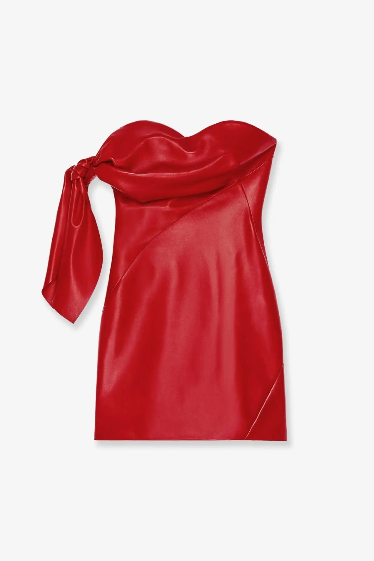 Givenchy women’s red leather bustier dress featuring a vibrant satin strapless mini design with draped knotted shoulder detail