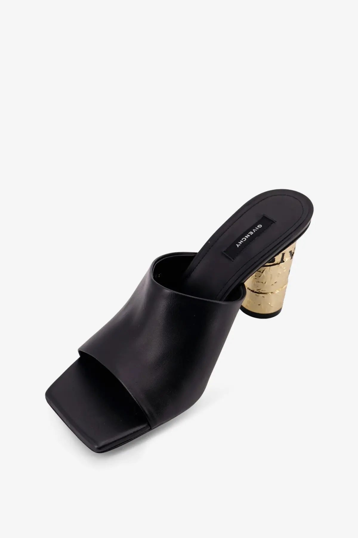 Givenchy women’s black leather mule sandal with gold cork heel and branded insole