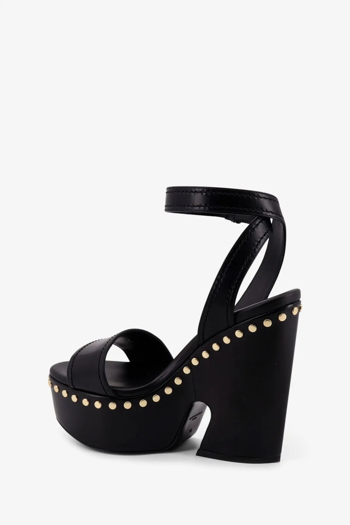Givenchy women’s black leather platform sandals with chunky heel ankle strap and gold-tone studded sole edge