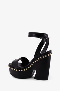 Givenchy women’s black leather platform sandals with chunky heel ankle strap and gold-tone studded sole edge