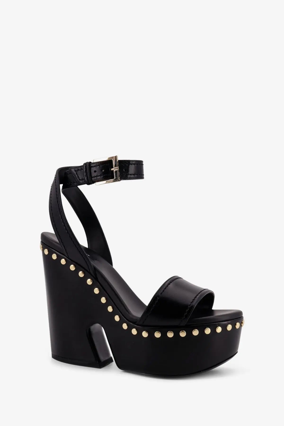Givenchy women’s black leather platform sandal with chunky heel and gold-tone studded toe strap
