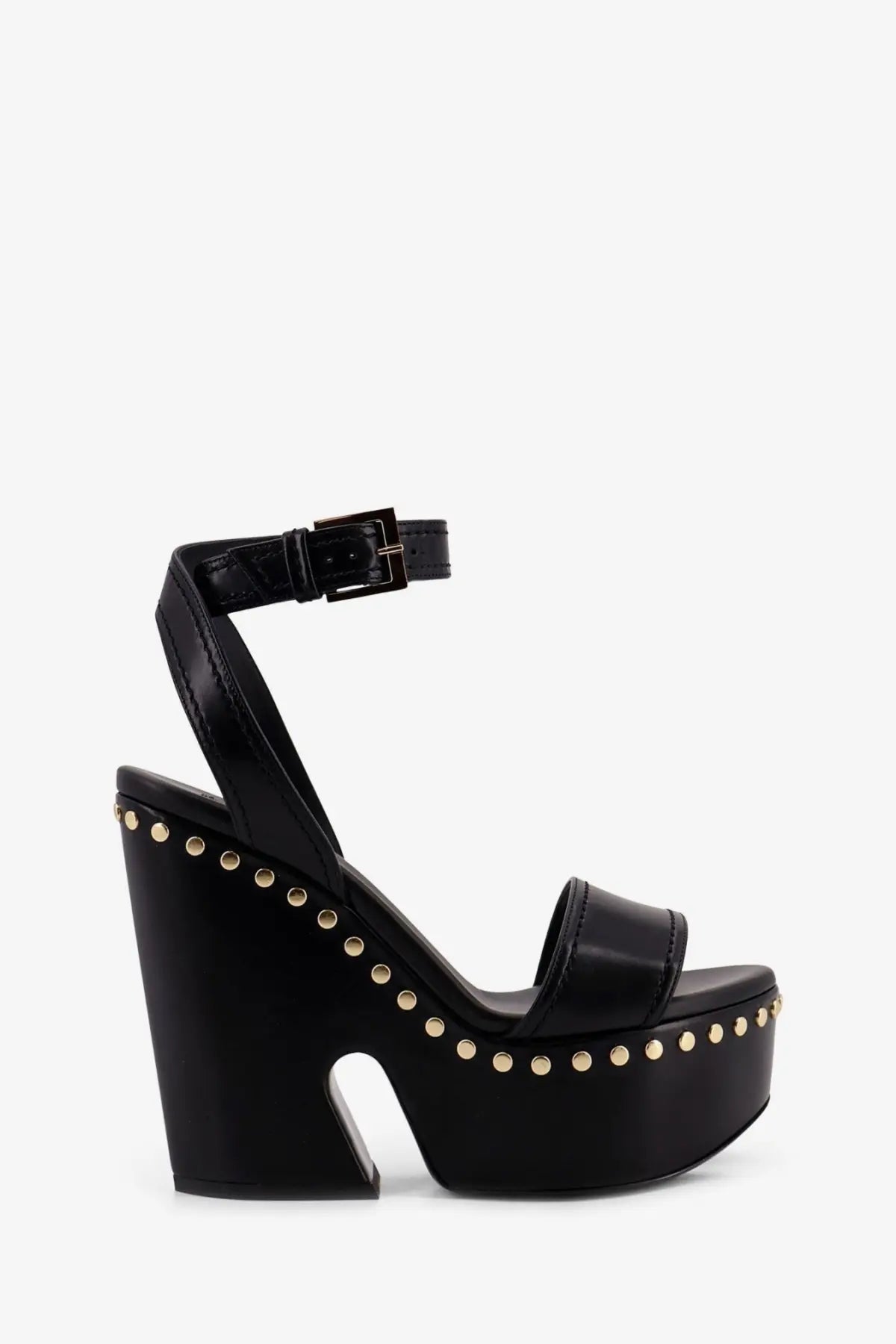 Givenchy women’s black leather platform sandal with gold-tone studs and ankle strap buckle shown from the back side
