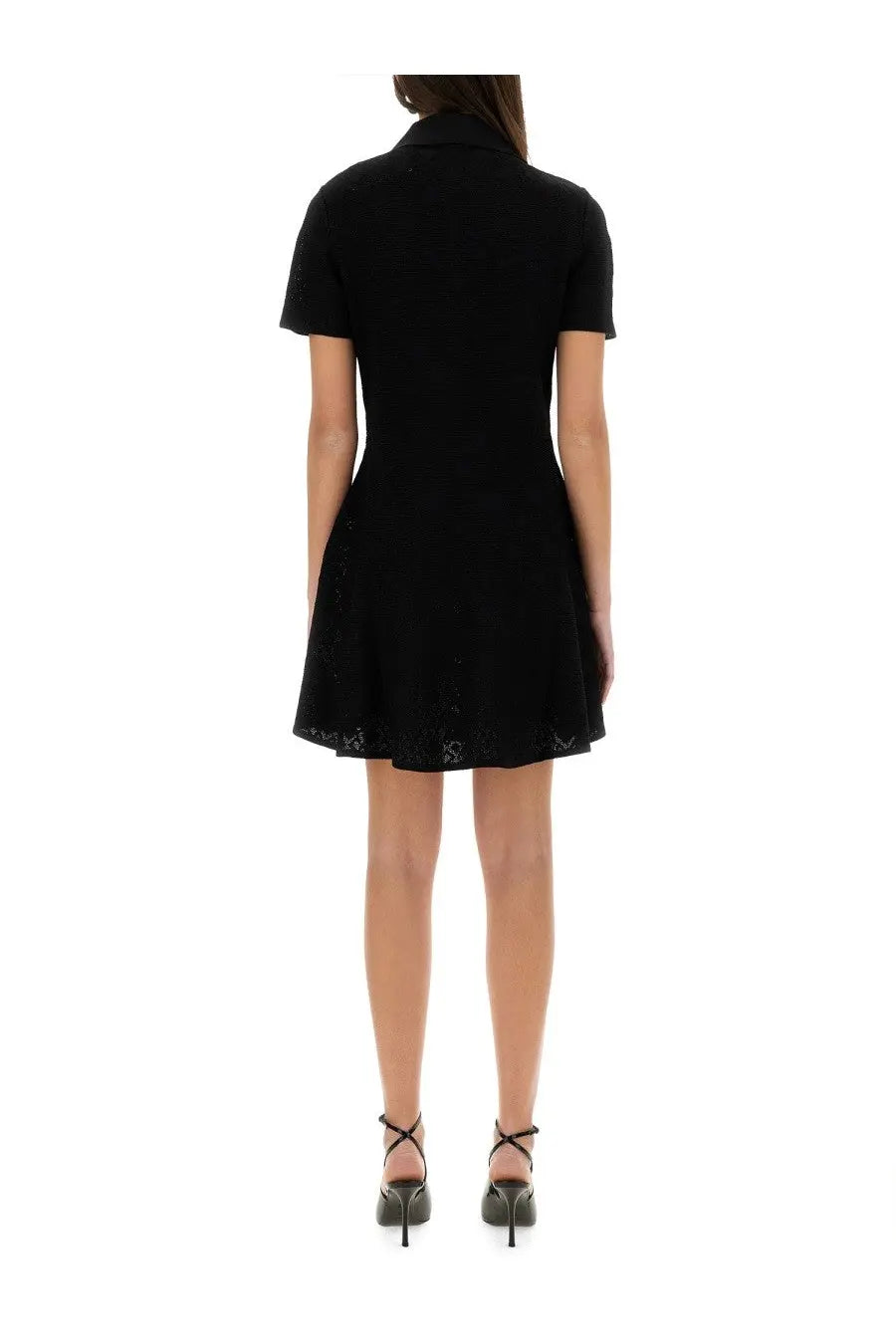 Givenchy women’s black short-sleeved polo style dress with monogram jacquard fabric collar and lace trim hem