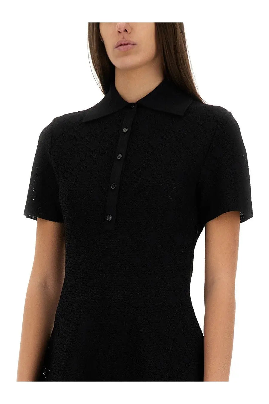 Black textured knit polo dress with short sleeves and collar by Givenchy featuring monogram jacquard design