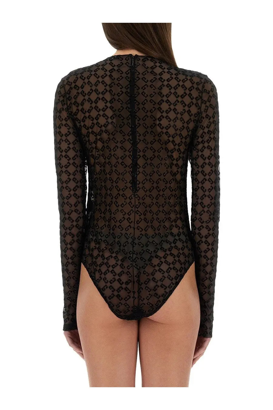 Givenchy women’s black lace bodysuit with repeating geometric pattern long sleeves in monogram tulle fabric