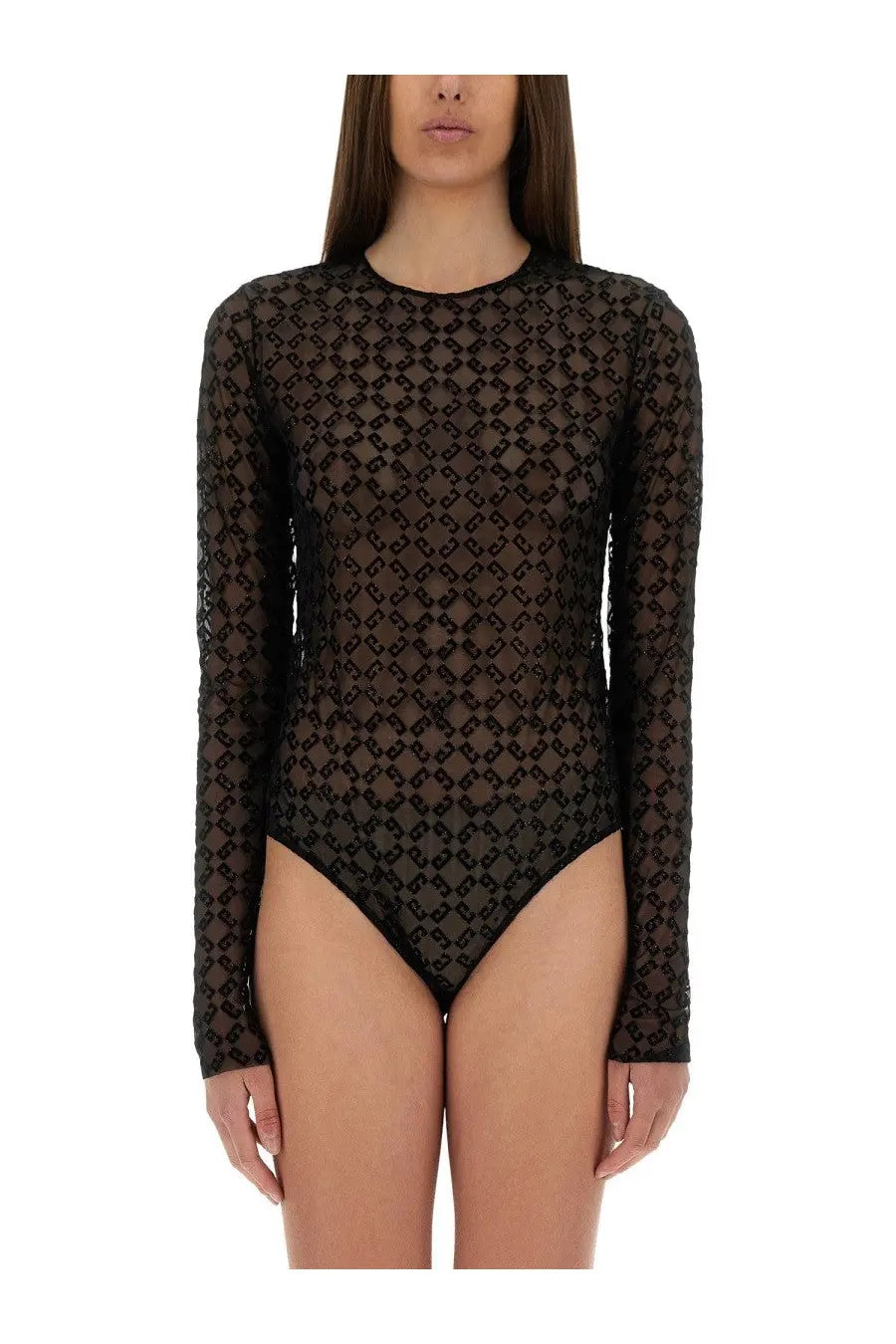 Givenchy women’s black sheer lace monogram tulle bodysuit with repeating geometric pattern and long sleeves