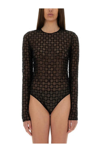Givenchy women’s black sheer lace monogram tulle bodysuit with repeating geometric pattern and long sleeves