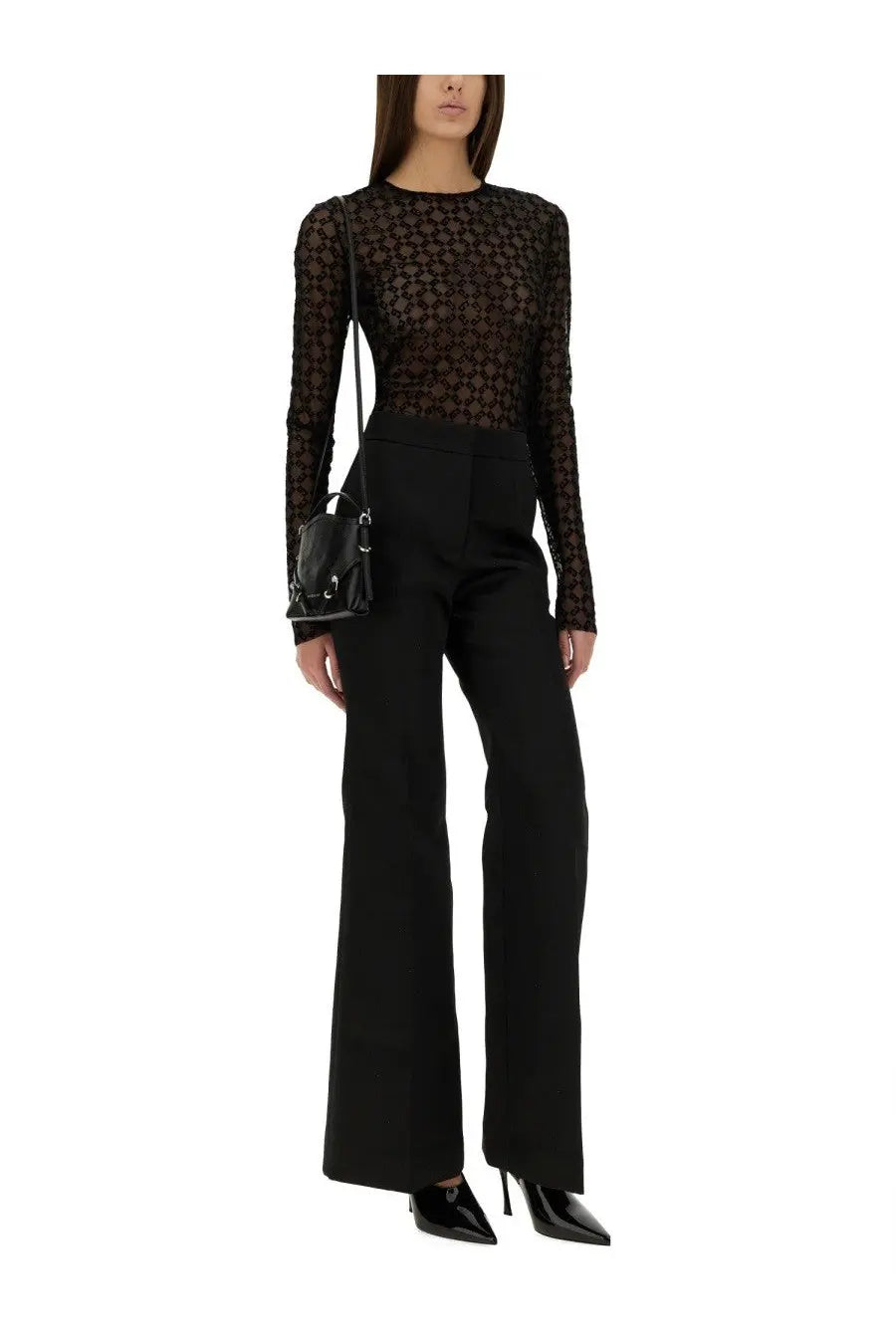 Givenchy women’s monogram tulle bodysuit black sheer lace long-sleeved top with subtle geometric pattern