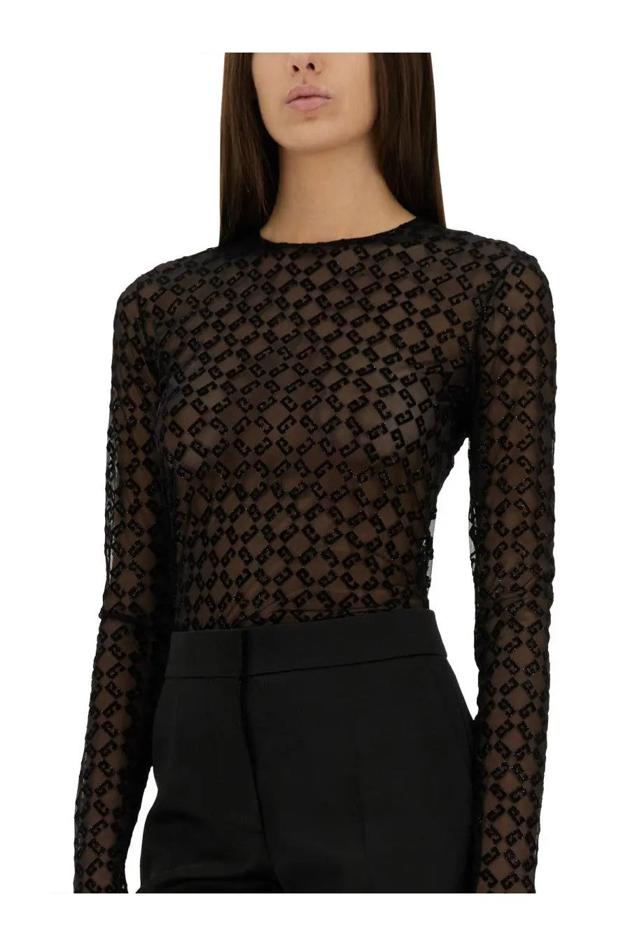 Givenchy women’s black monogram tulle bodysuit with sheer long sleeves and geometric shimmer pattern