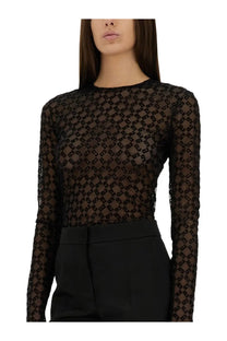 Givenchy women’s black monogram tulle bodysuit with sheer long sleeves and geometric shimmer pattern