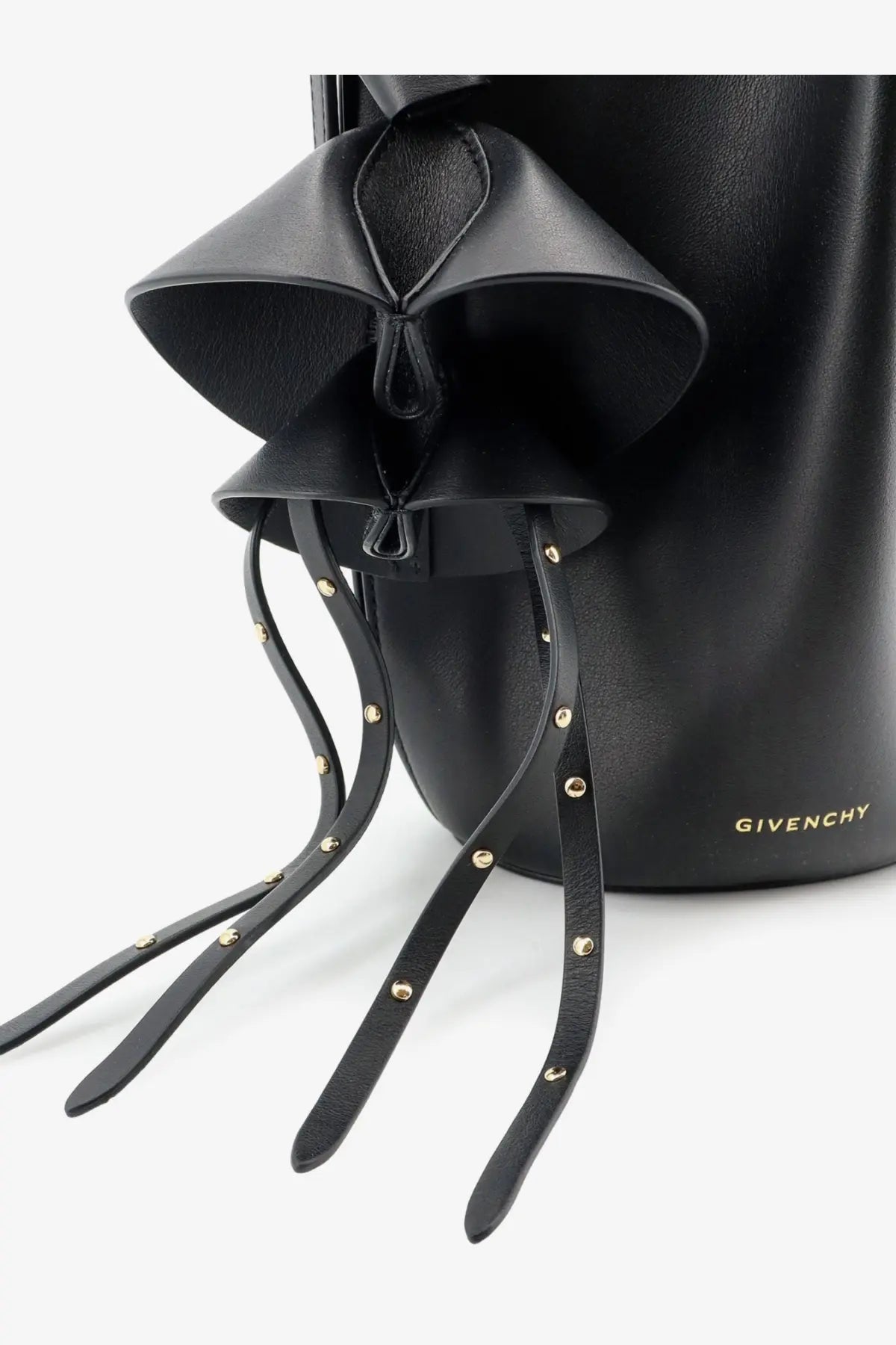 Givenchy women’s nano snap black leather crossbody bag with ruffled top and gold-tone studded drawstring straps