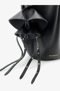 Givenchy women’s nano snap black leather crossbody bag with ruffled top and gold-tone studded drawstring straps