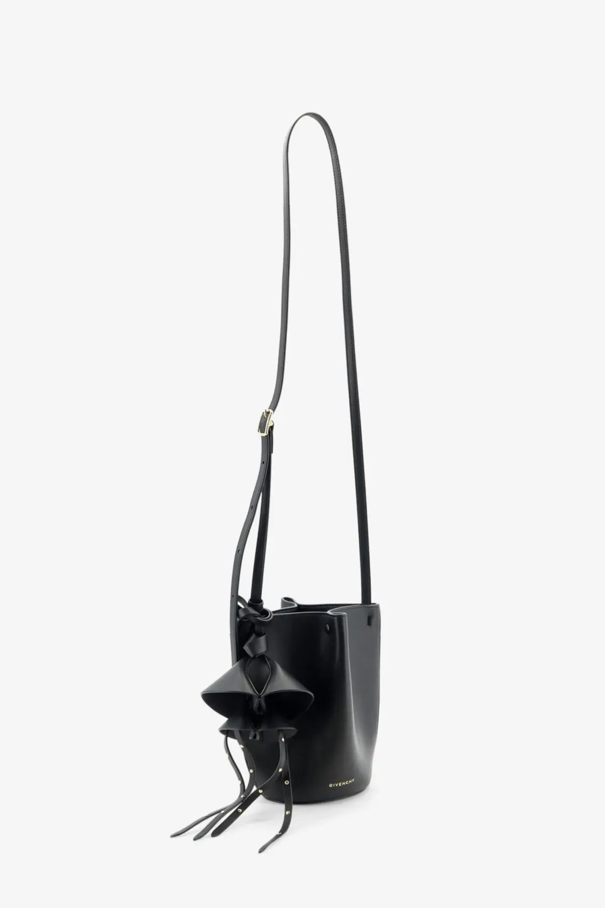 Givenchy women’s black leather nano snap crossbody bag with bucket design bow and tassel accents