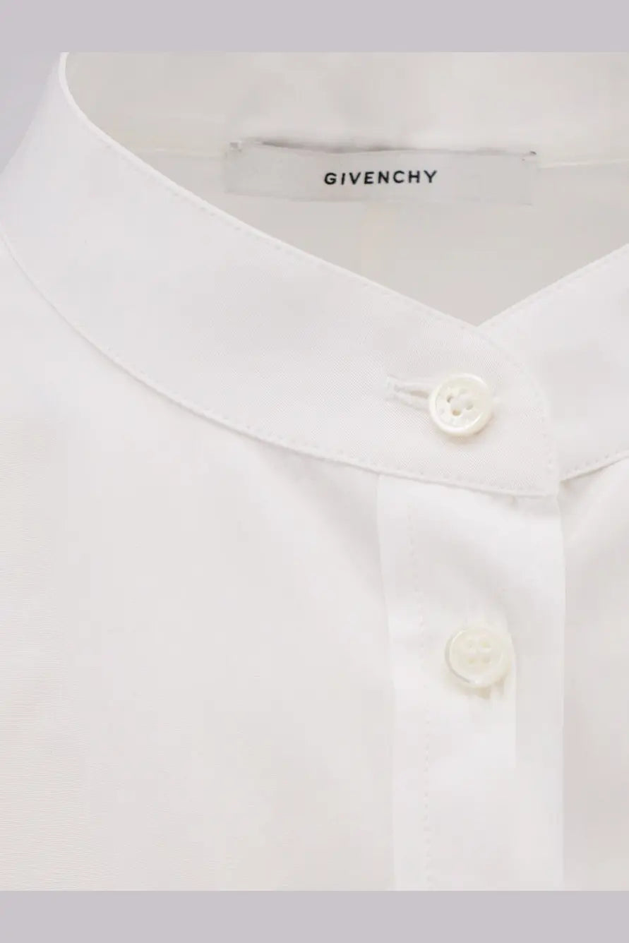 White givenchy women’s open back cotton shirt with crisp fabric and matching buttons front view