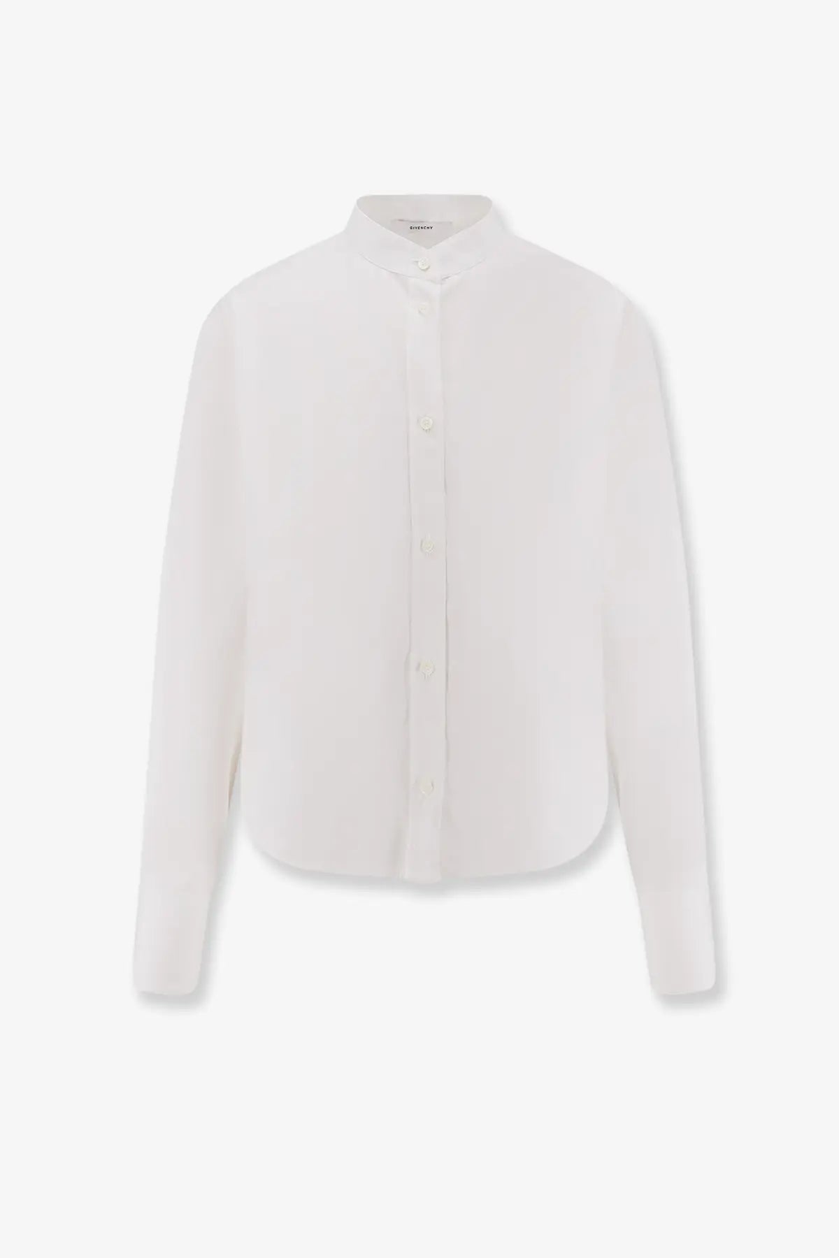 Givenchy women’s white cotton long-sleeved button-down shirt with stand collar and subtle pleats at the hem