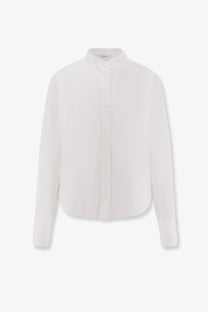 Givenchy women’s white cotton long-sleeved button-down shirt with stand collar and subtle pleats at the hem