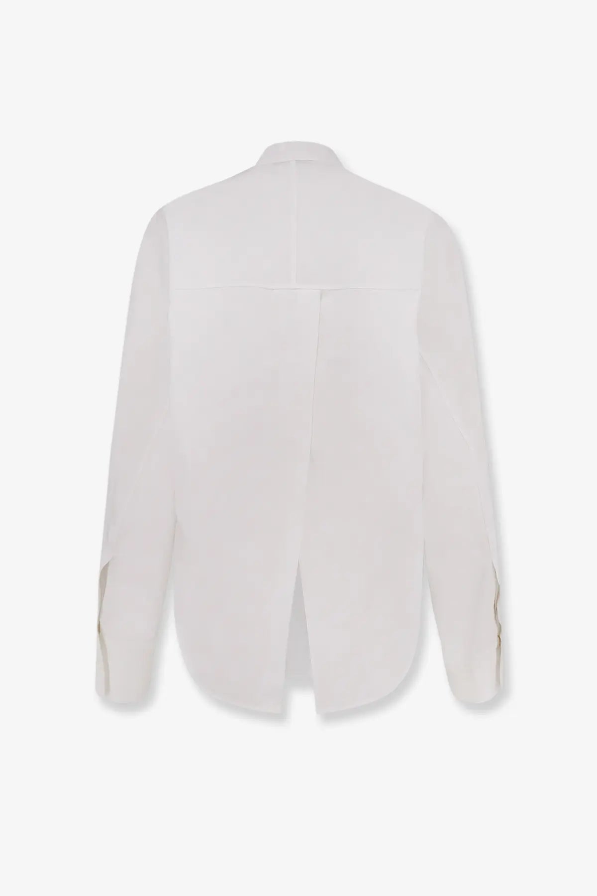 Givenchy women’s white cotton blouse with a subtle back split and delicate gold trim on long sleeves cuffs shown from back