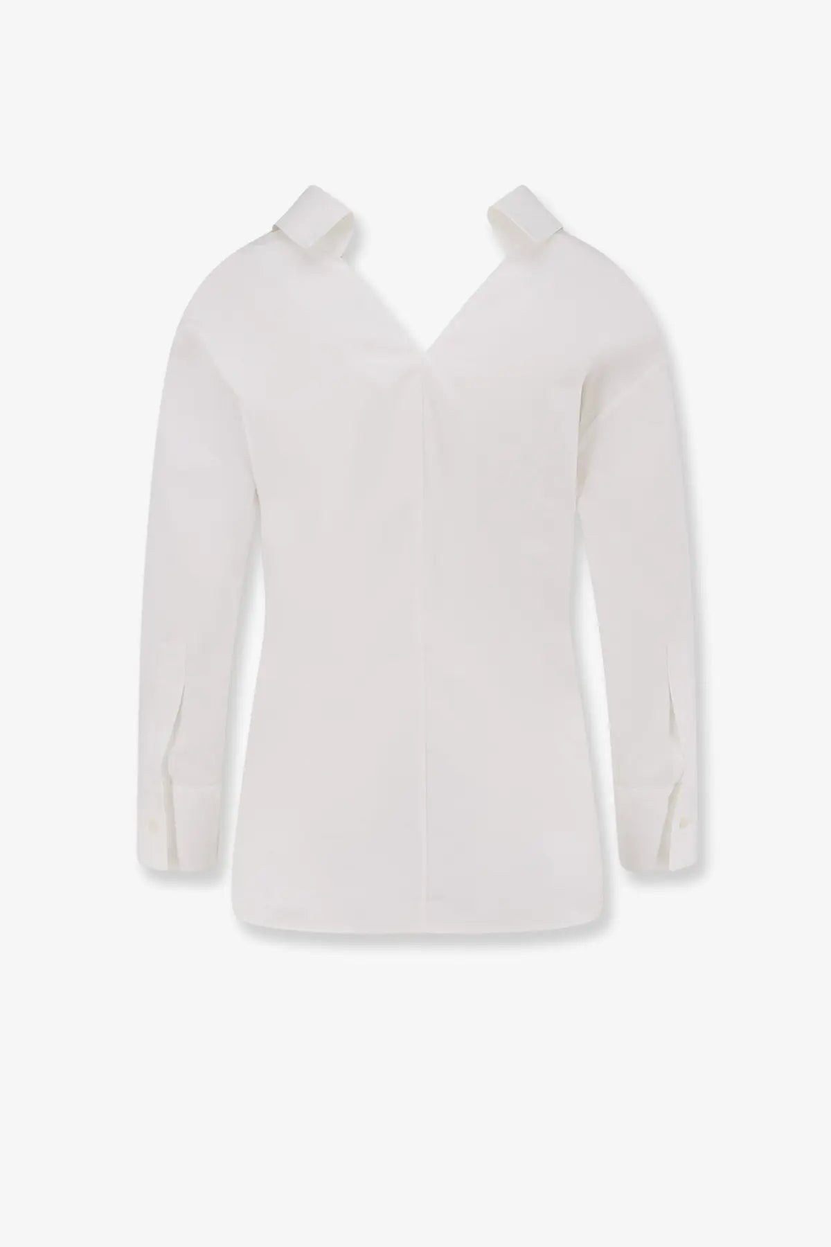 Givenchy women’s white open cotton shirt with crisp long sleeves and a distinctive v-neckline and oversized collar