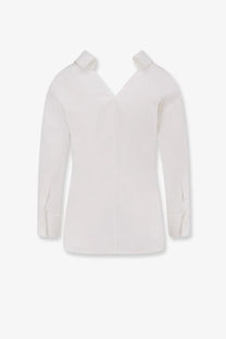 Givenchy women’s white open cotton shirt with crisp long sleeves and a distinctive v-neckline and oversized collar