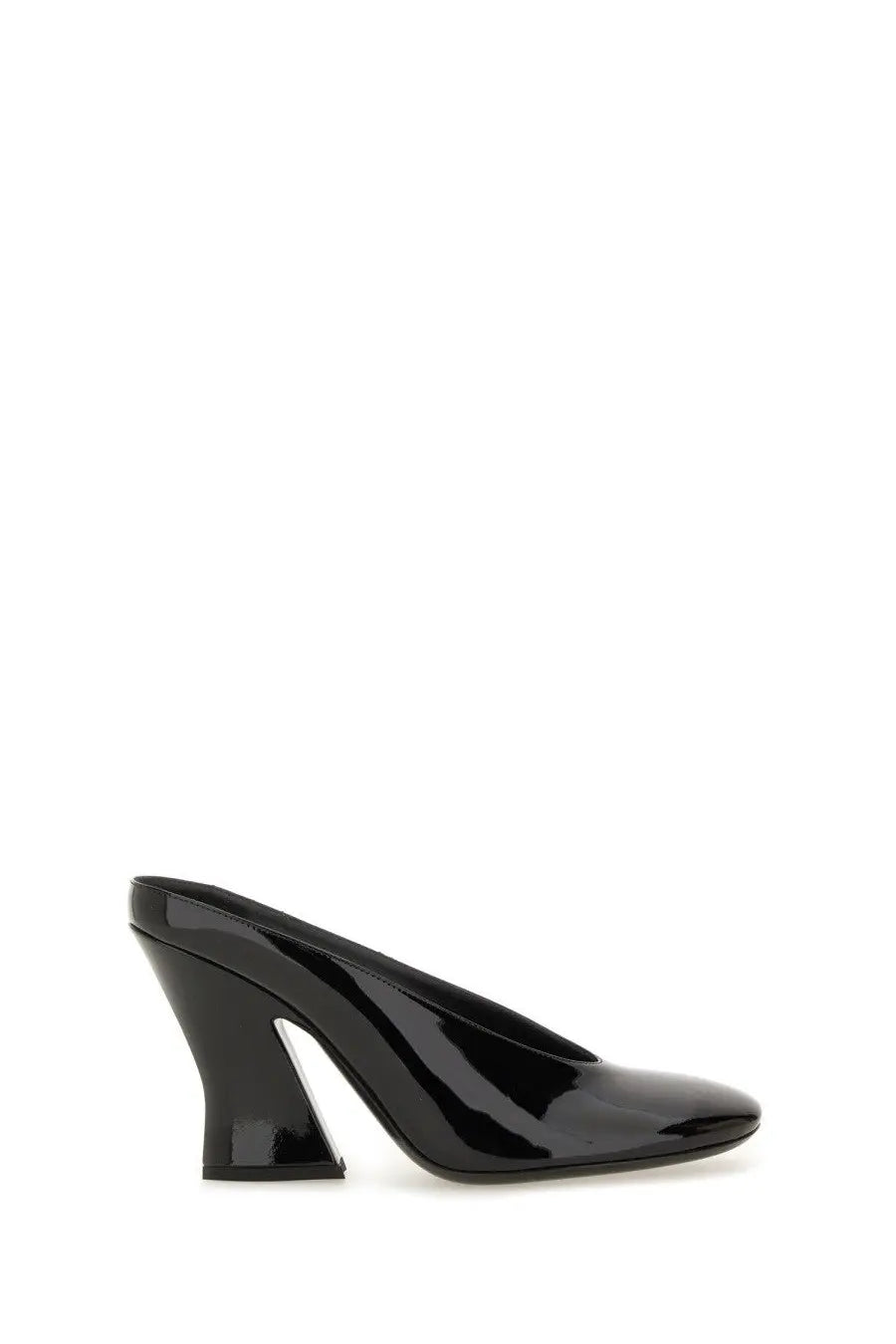 Givenchy women’s black patent leather mule shoe with a sleek angular sculpted heel shown from the back side