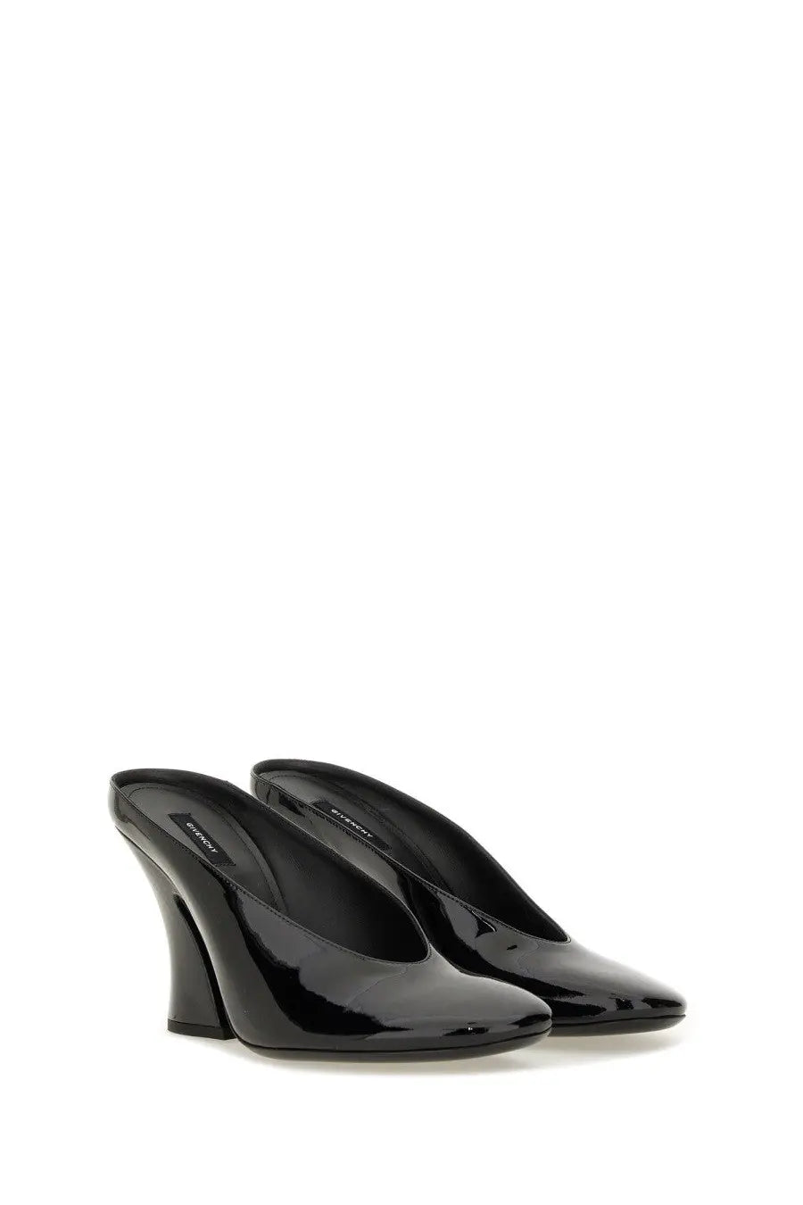 Black patent leather givenchy women’s sculpted leather mules with glossy finish and distinctive curved heel