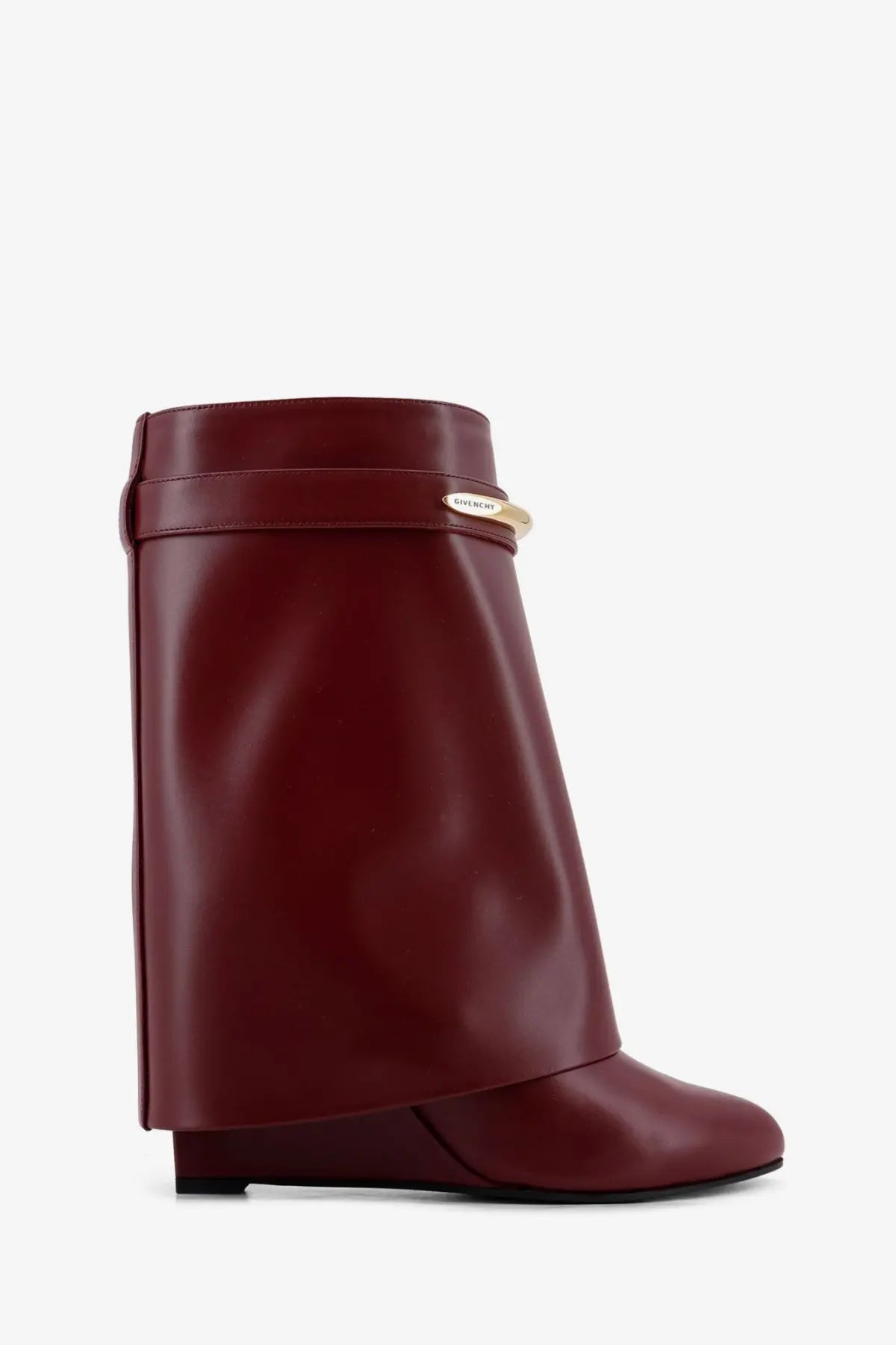 Burgundy leather ankle boot with a gold-tone Givenchy logo plaque on the strap from Givenchy women’s Shark collection