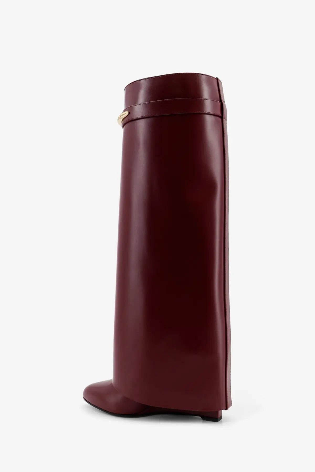 Burgundy leather Givenchy women’s shark boots with gold-tone buckle detail in red leather design