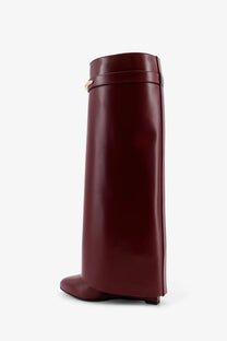 Burgundy leather Givenchy women’s shark boots with gold-tone buckle detail in red leather design