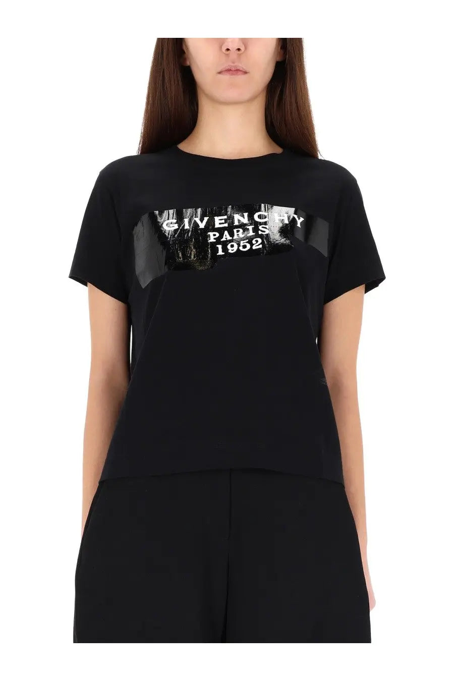 Givenchy women’s black short-sleeved t-shirt with bold graphic print and tape detailing, inspired by Paris 1952 style
