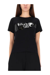 Givenchy women’s black short-sleeved t-shirt with bold graphic print and tape detailing, inspired by Paris 1952 style